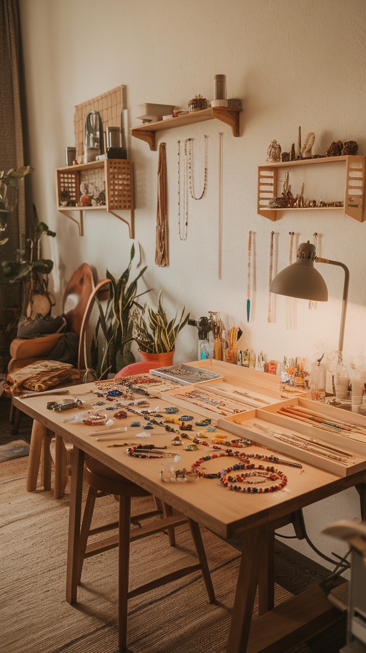 A colorful and organized jewelry making space with various beads, tools, and display mannequins.