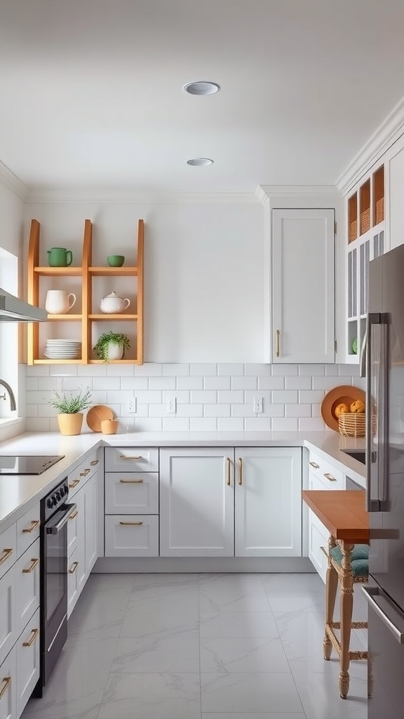 Ladder-style kitchen cabinets with open shelving and white cabinetry