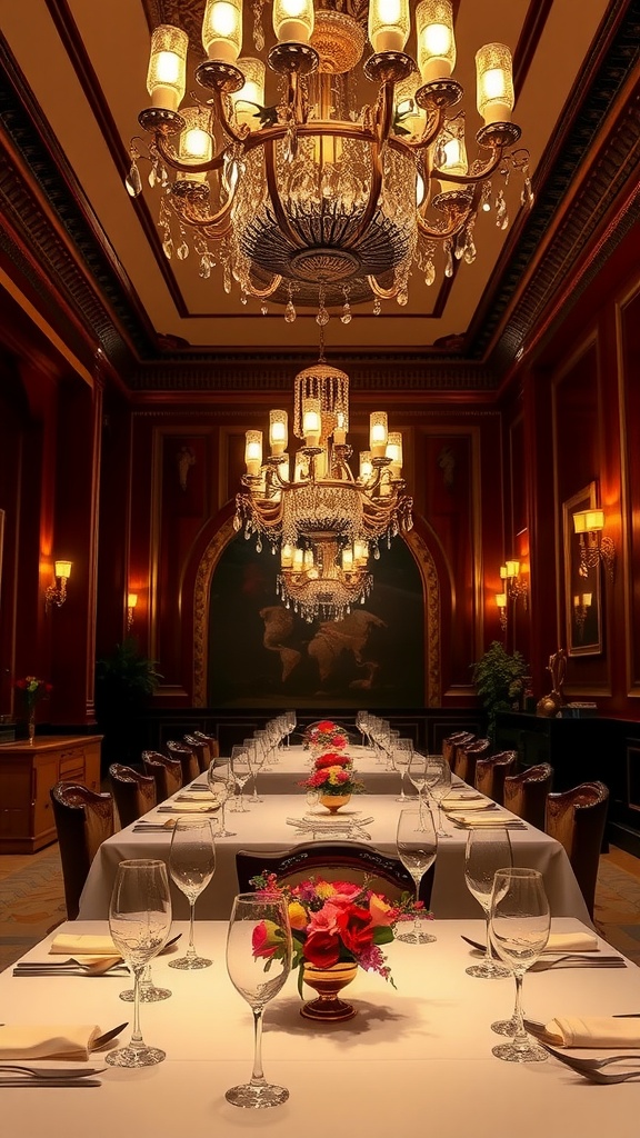 Elegant dining room with intricate chandeliers and a long table set for a meal.