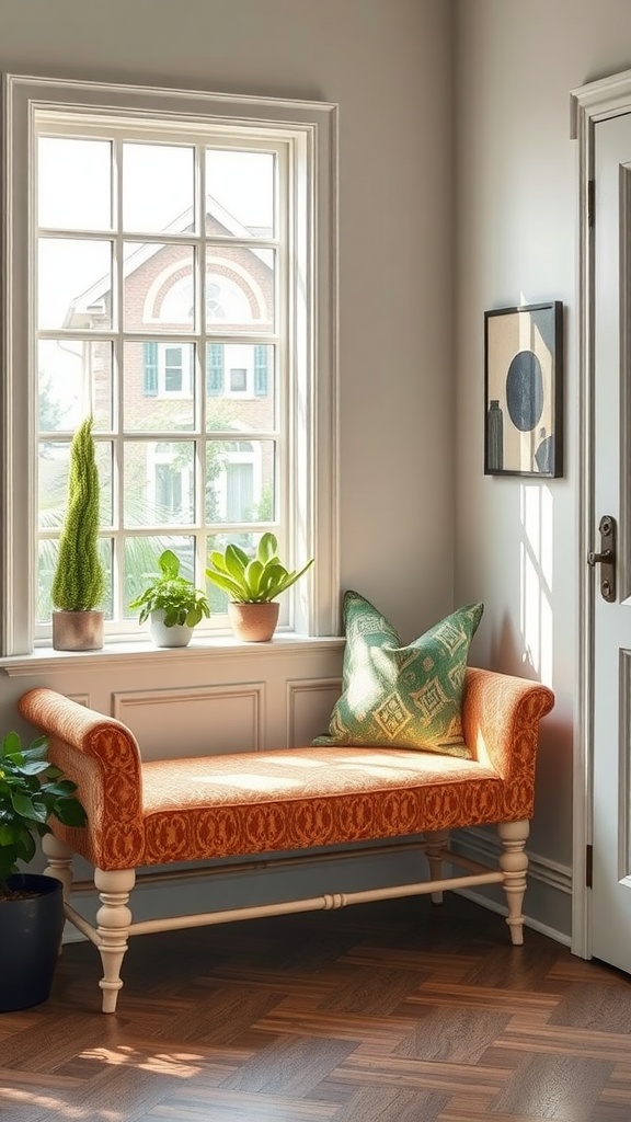 A stylish upholstered bench in an entryway with plants and a window