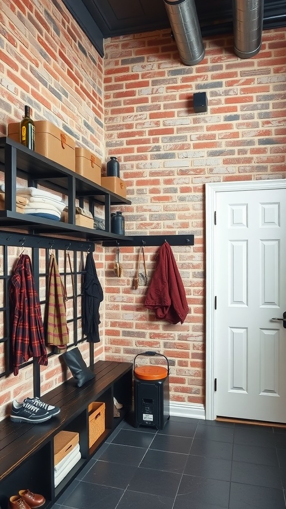 Stylish urban mudroom with exposed brick walls and industrial elements