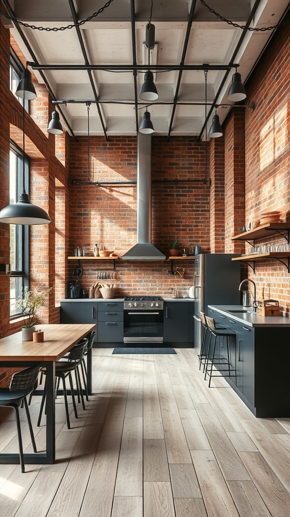An urban industrial kitchen featuring exposed brick walls, modern black cabinetry, and a spacious layout with a wooden dining table.