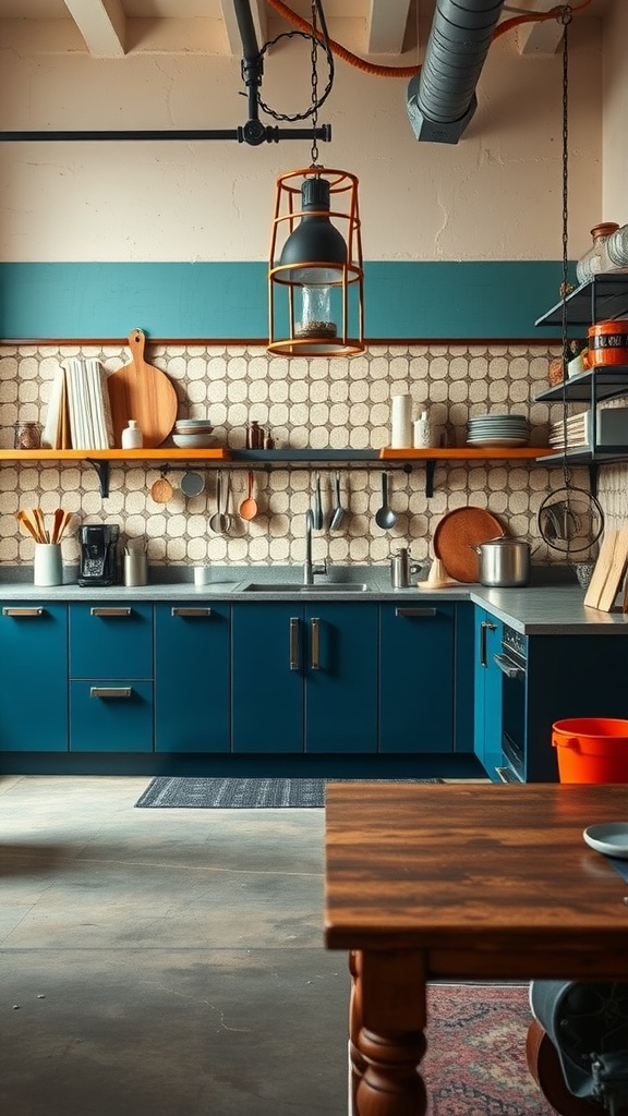 A kitchen featuring an urban industrial design with blue cabinets, wooden elements, and a patterned backsplash.