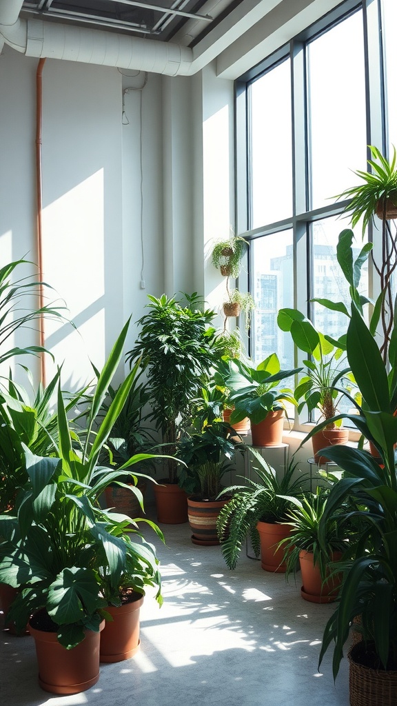 Indoor plants thriving in a bright room with large windows