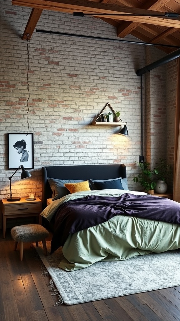 A stylish urban loft bedroom featuring an exposed brick wall, wooden beams, a layered bed with green and purple linens, and plants on shelves.