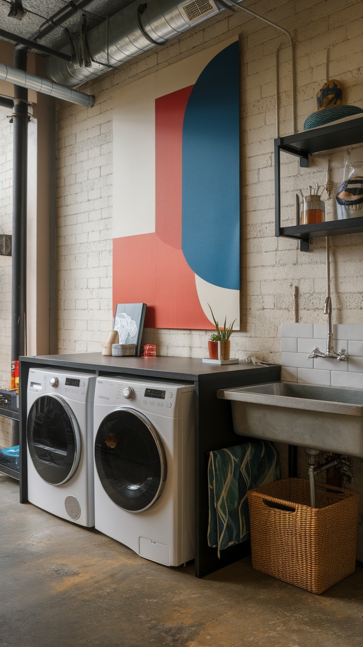 An urban utility room featuring two modern washing machines, a utility sink, vibrant artwork, and decorative storage.