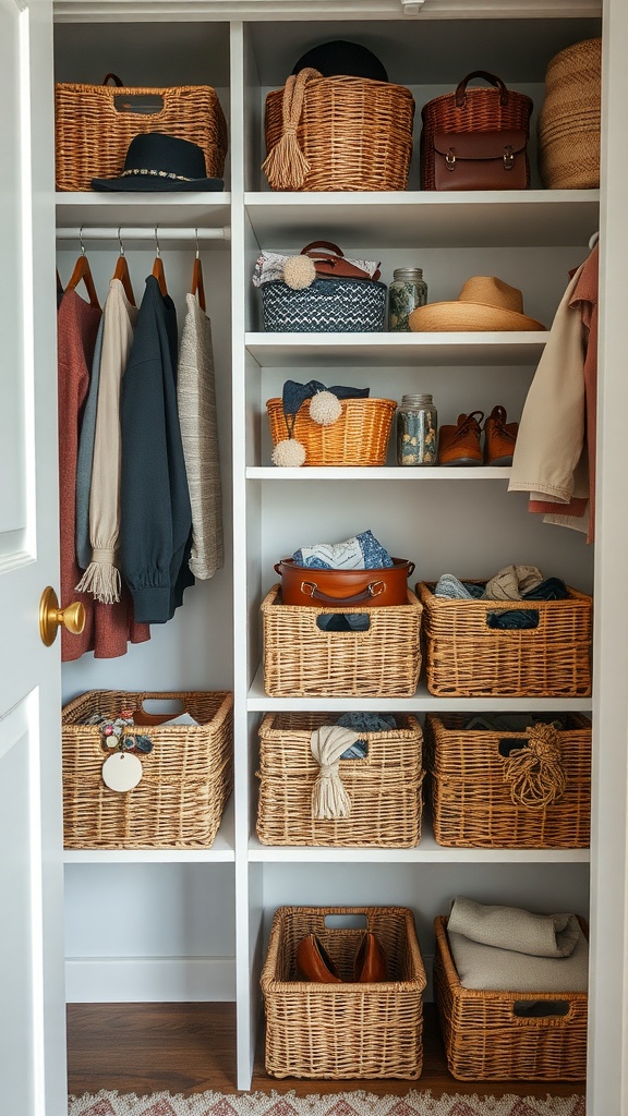 A neatly organized closet featuring various baskets for storage.