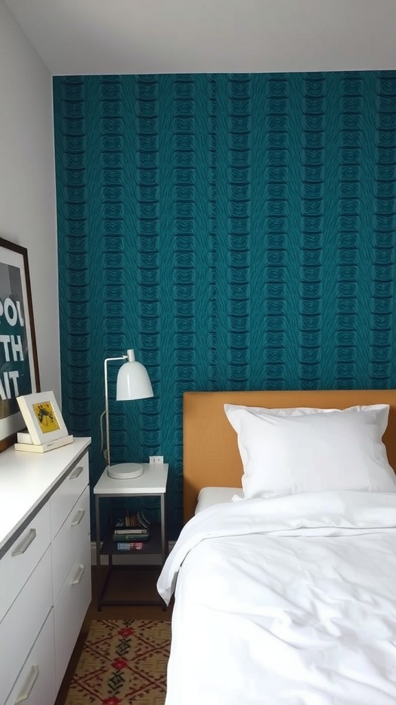 A small bedroom featuring a bold teal accent wall with a unique pattern, paired with simple furniture and white bedding.