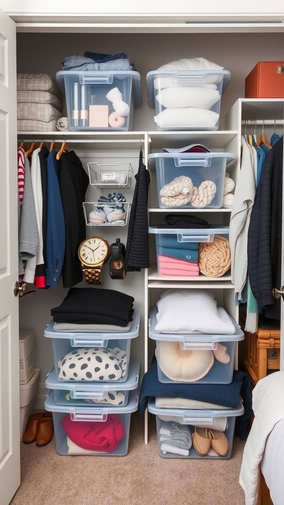 A well-organized bedroom closet with clear storage bins filled with clothing and accessories.