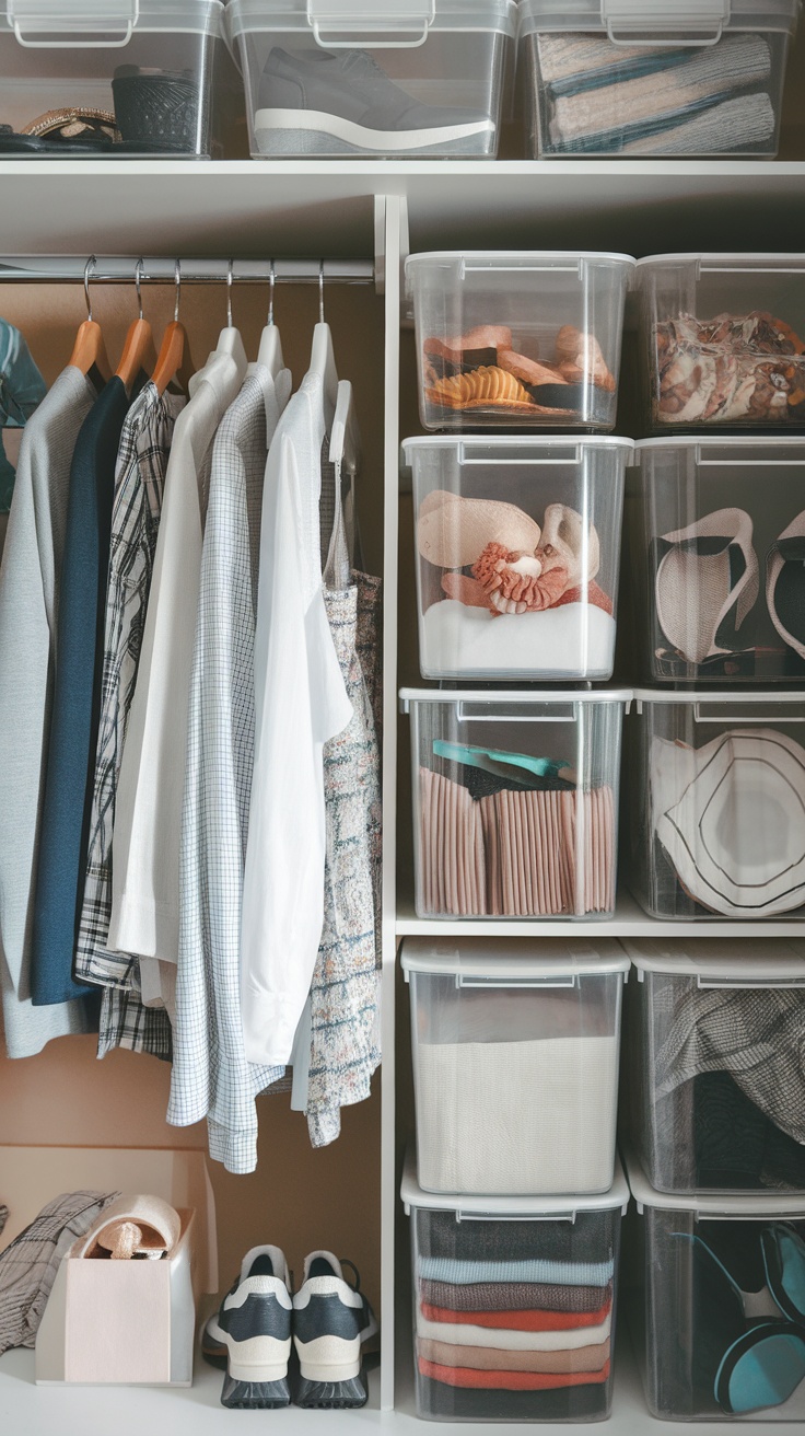 Organized bedroom closet with clear storage containers filled with various items.