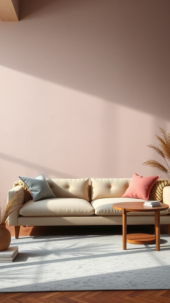 A stylish sectional sofa with light blue and coral cushions against a pink wall.