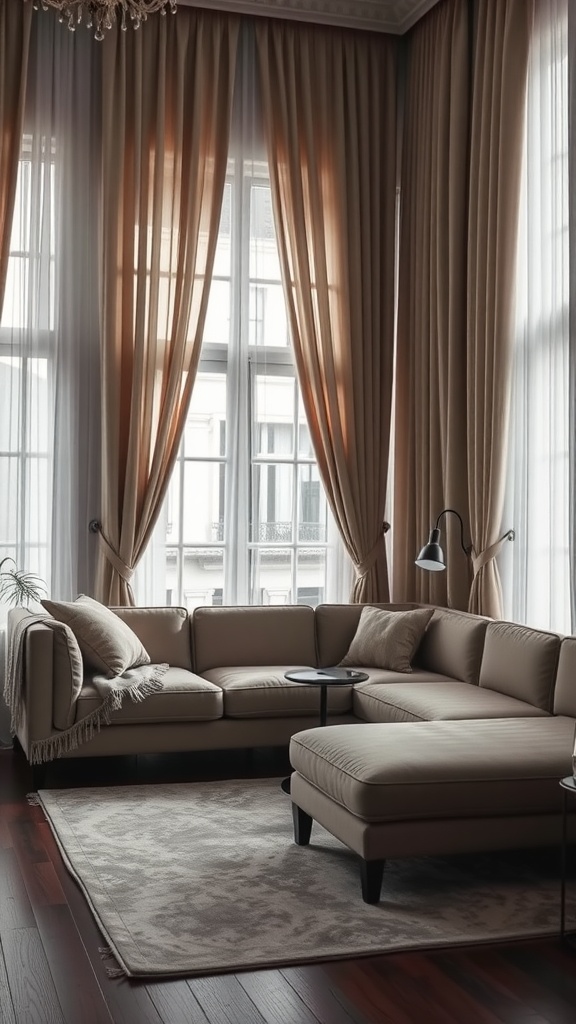 A cozy living room featuring a sectional sofa framed by soft, flowing curtains.