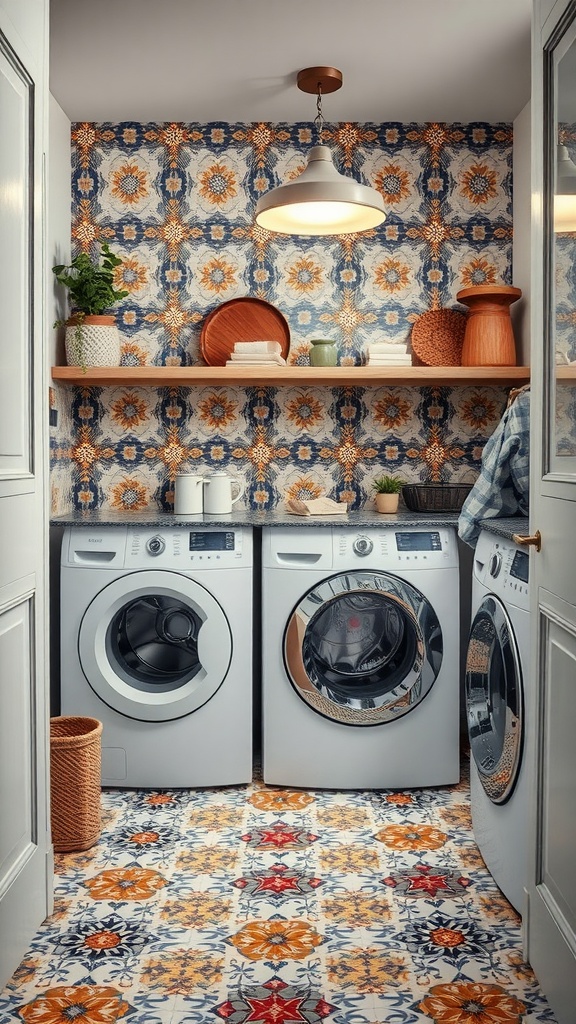A colorful laundry room featuring decorative tiles on the floor and walls, with modern washing machines and wooden accents.