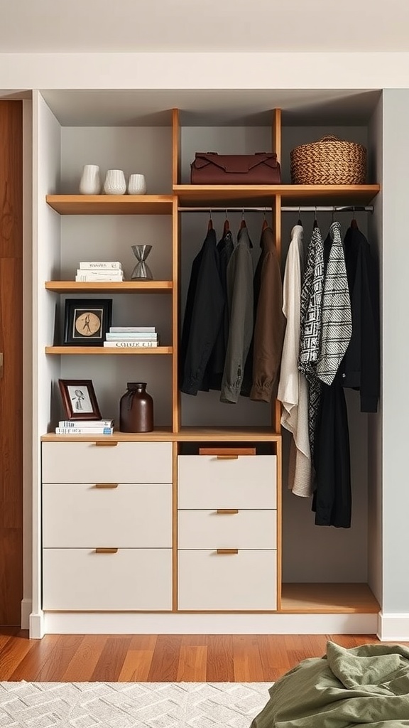 A stylish closet featuring floating wooden shelves, hanging clothes, and drawers for organized storage.