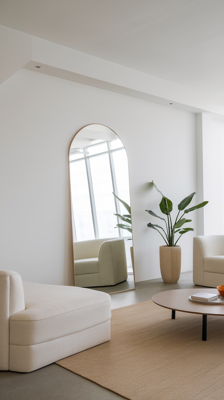 A minimalist living room featuring a large mirror, soft furniture, and natural light.