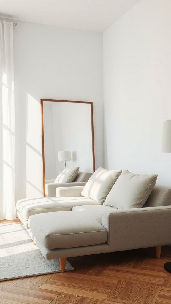 A stylish sectional sofa with a mirror reflecting light in a bright room.