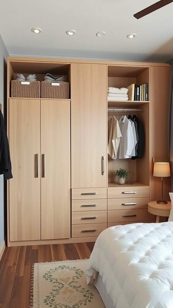 Stylish wooden closet with drawers and shelves in a cozy bedroom