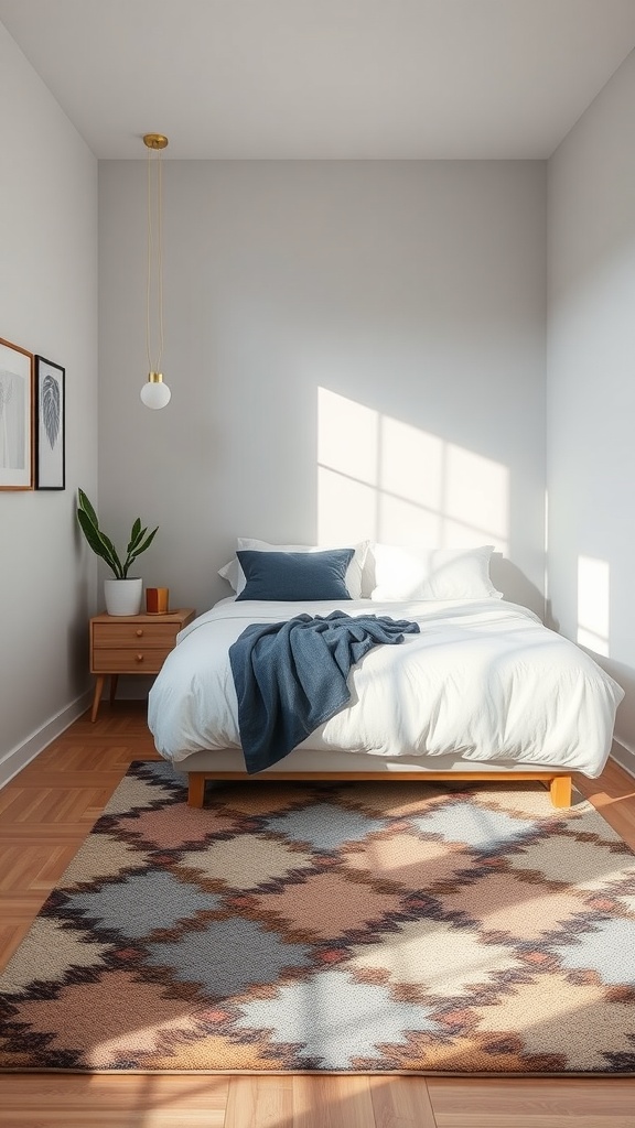 A cozy small bedroom featuring a bed with white bedding, a blue throw, and a patterned rug on the wooden floor.