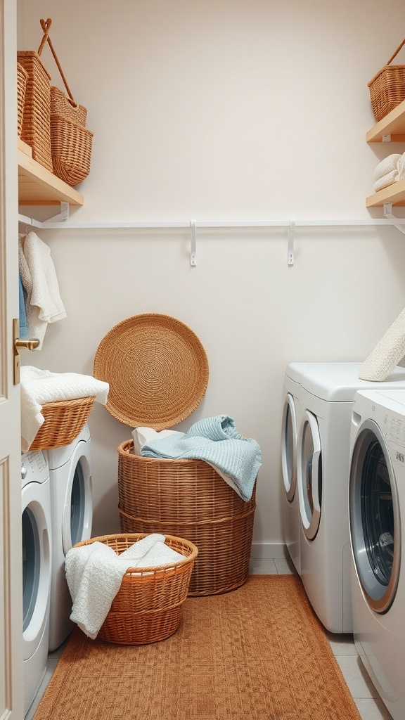 A neat laundry room featuring wicker baskets for organization, with white appliances and a cozy rug.