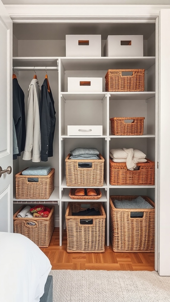 A well-organized bedroom closet displaying various baskets for storage