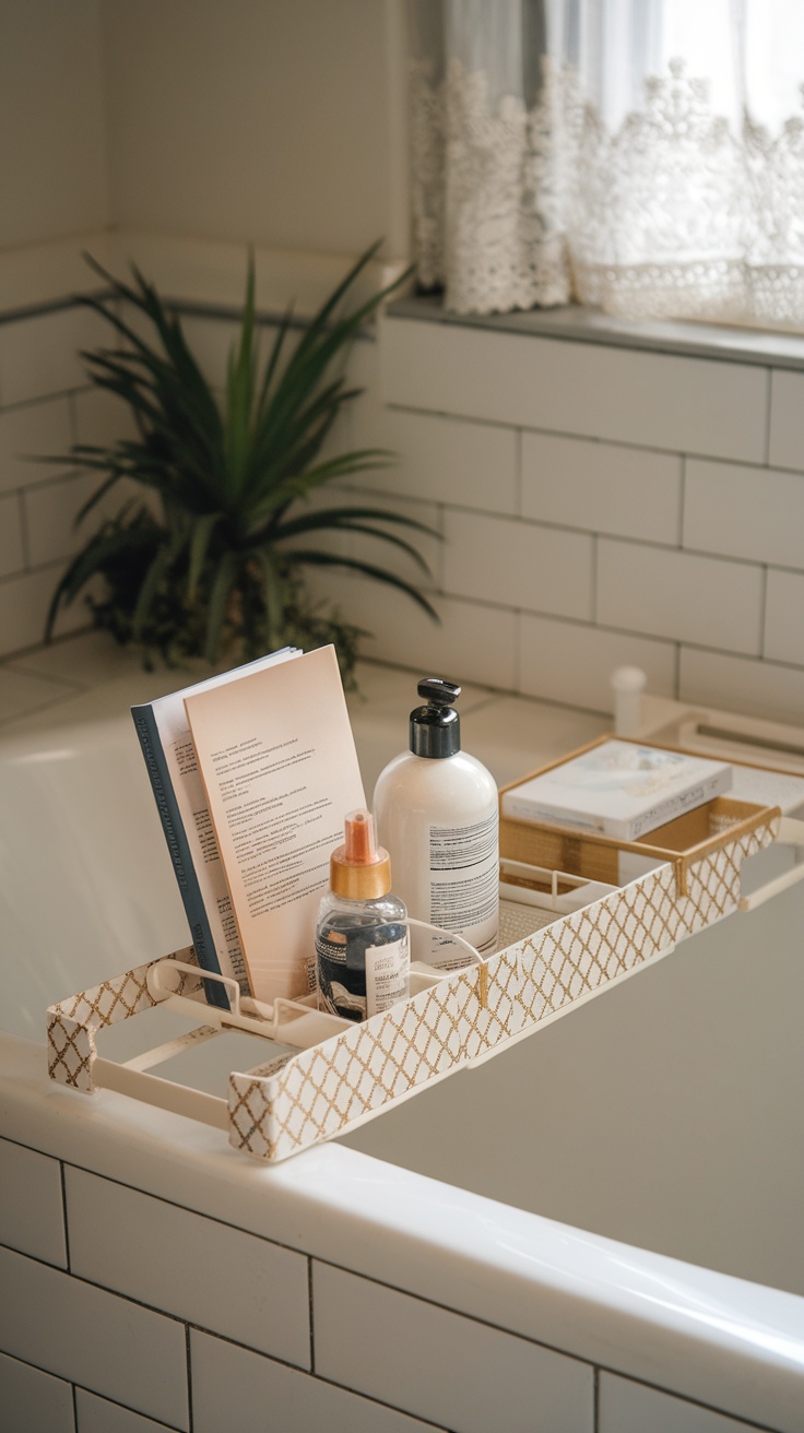 A bathtub with a wooden tray holding a book and bath products