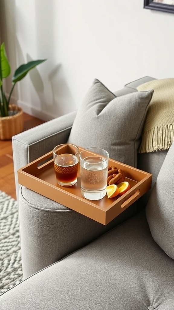 A decorative tray on a gray sectional sofa, featuring two drinks, lemon slices, and snacks.