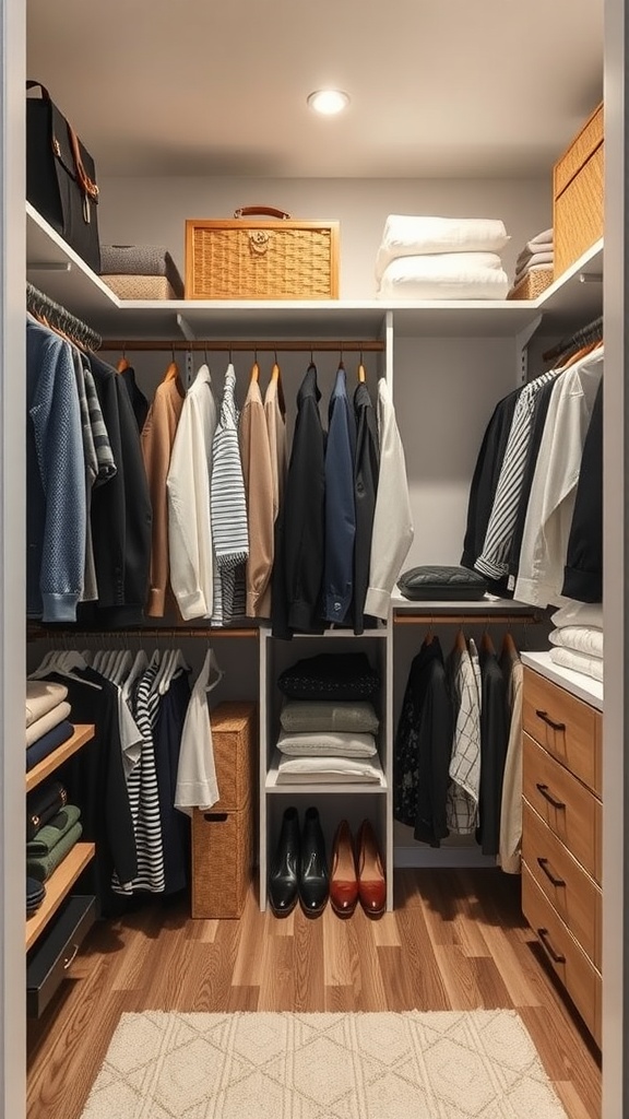 A well-organized bedroom closet featuring shelves, hanging clothes, and shoes in a neat layout.