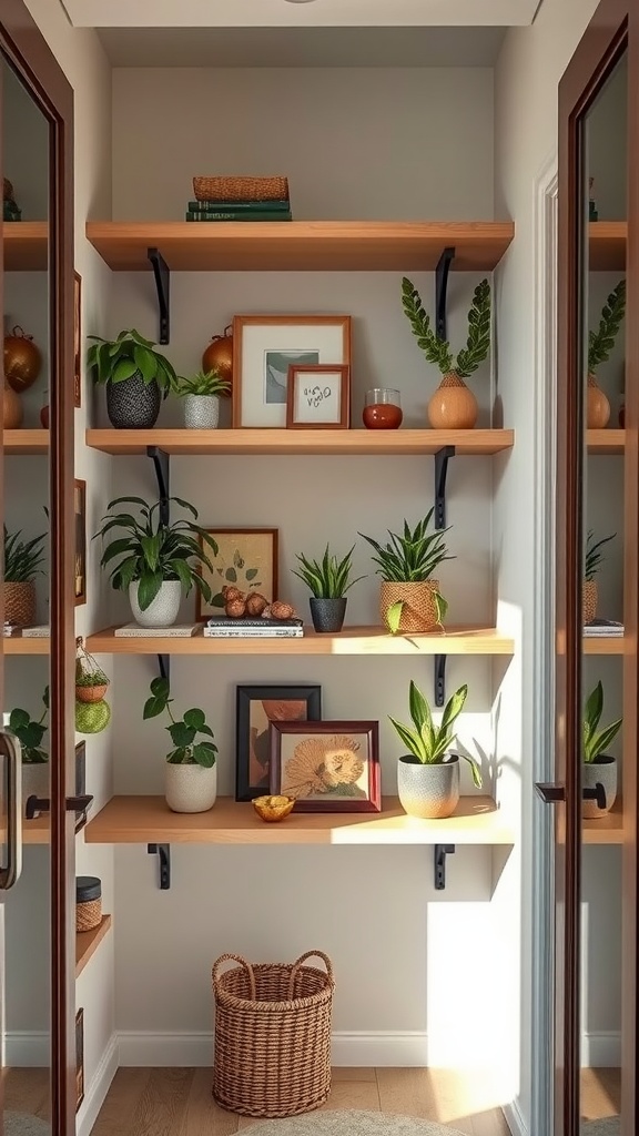 A cozy bedroom closet featuring wooden floating shelves adorned with plants, framed pictures, and decorative items.