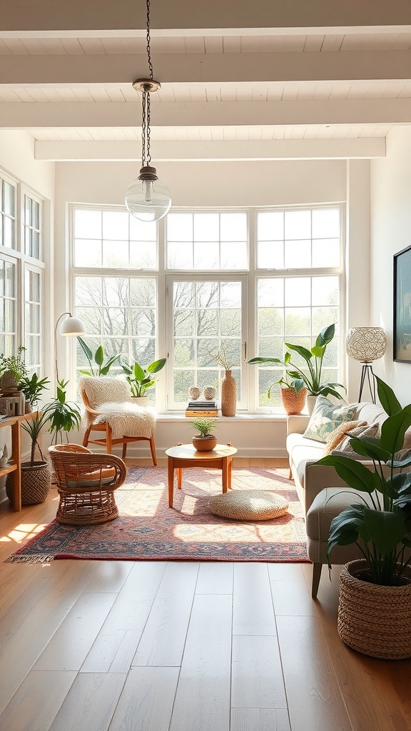 A boho living room filled with natural light, featuring large windows, plants, and cozy decor.