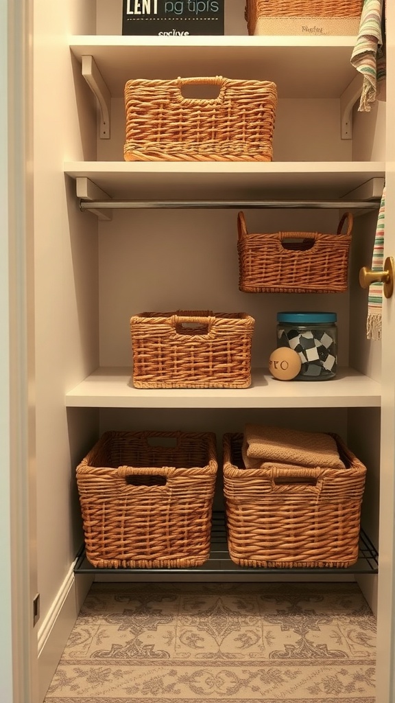 A well-organized closet with under-shelf baskets filled with various items on shelves.
