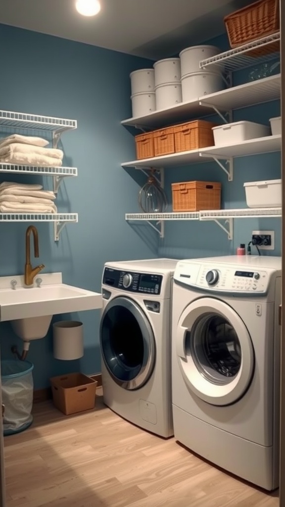 A well-organized laundry room with vertical shelving and modern appliances.