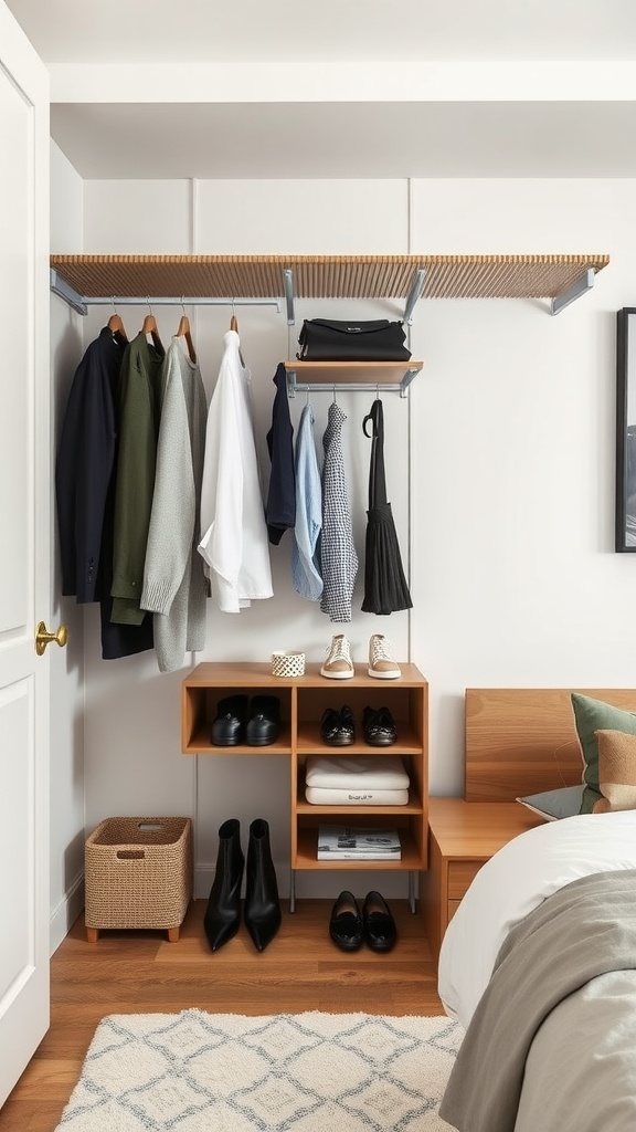 A bedroom closet featuring wall-mounted racks with hanging clothes and a shoe cubby.