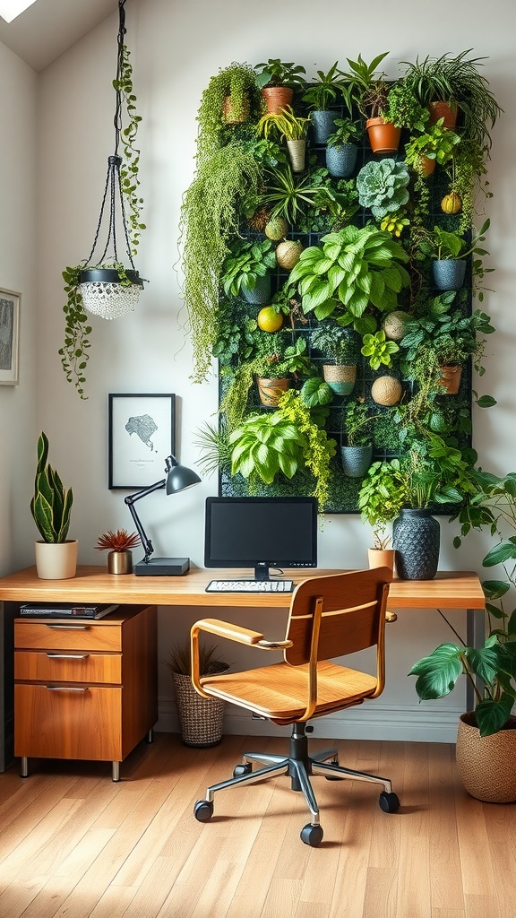 A home office with a vertical garden wall, wooden desk, and modern chair