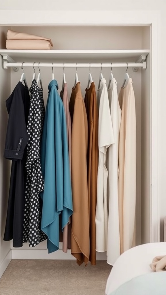 Organized closet with vertically hung garments and a shelf above.