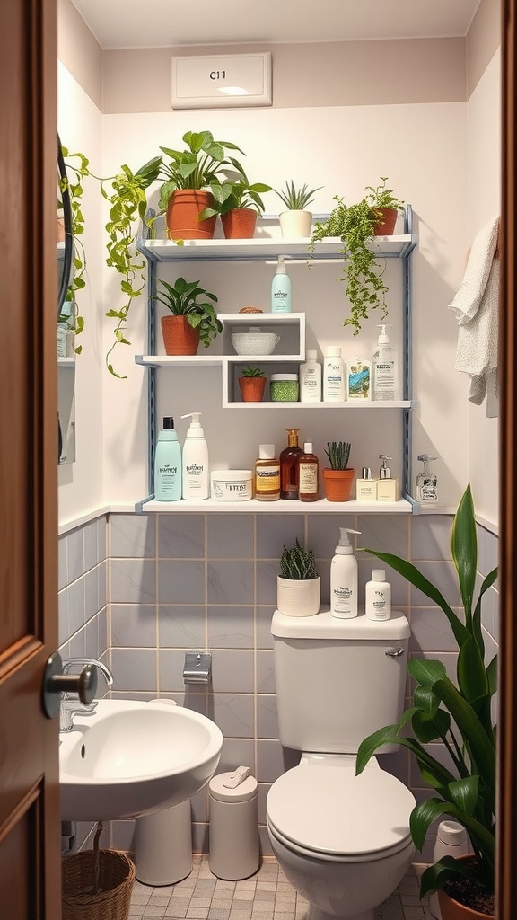 Vertical shelves in a small bathroom displaying plants and personal care products