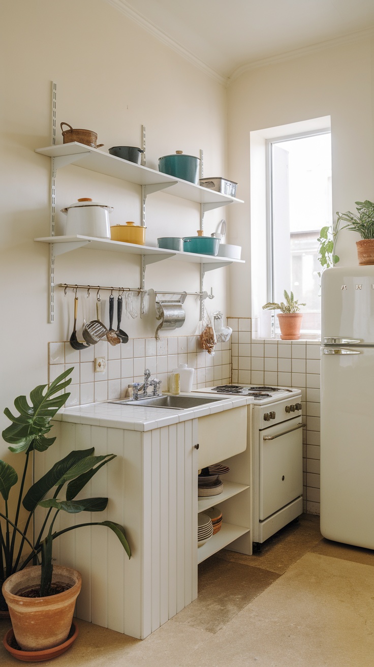 A compact kitchen showing vertical storage solutions with pots on shelves and utensils hanging on a wall.