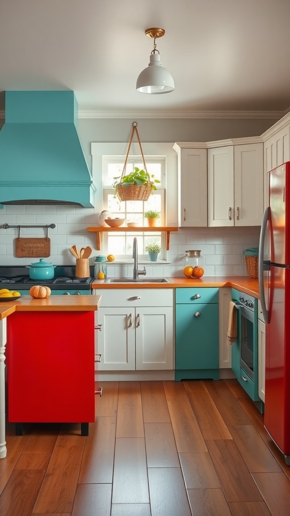A vibrant farmhouse kitchen featuring a red refrigerator and a turquoise range hood, combined with white cabinetry and a wooden countertop.