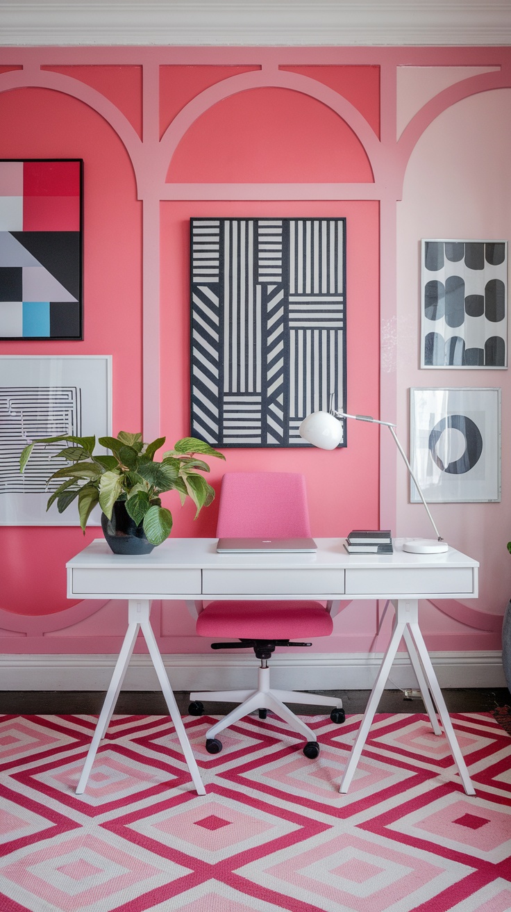 A colorful home office with teal walls, stylish furniture, and inspiring artwork.