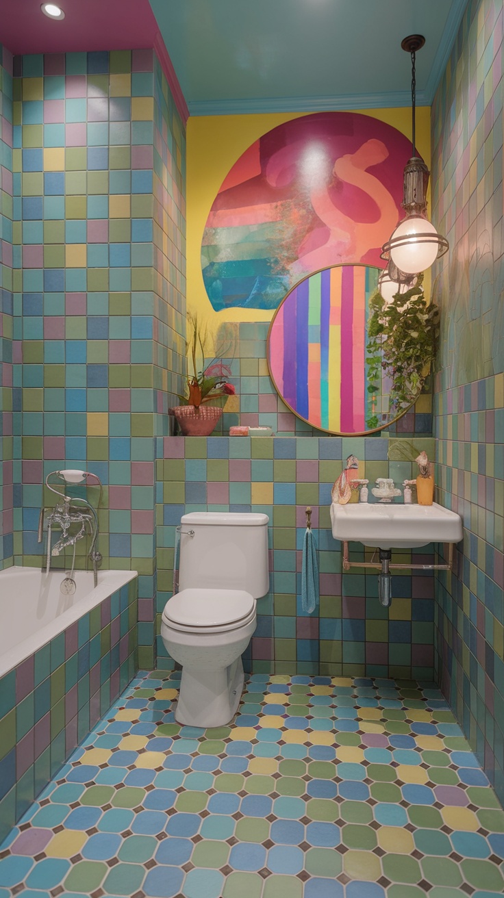 A vibrant bathroom featuring colorful tiles, a blue door, and cheerful decor.