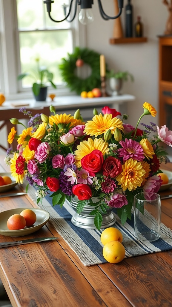 Colorful flower arrangement in a silver vase on a farmhouse table with fruits