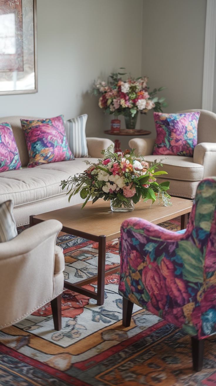 A cozy living room with a white couch adorned with colorful floral pillows, a vibrant floral centerpiece on the coffee table, and natural light streaming in through the window.