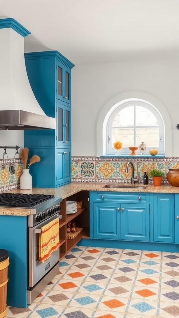 A colorful kitchen featuring blue cabinets, patterned tiles, and geometric flooring.
