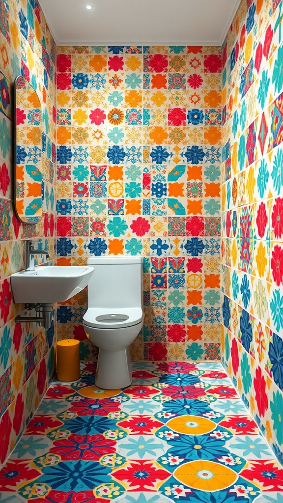 A bright and colorful bathroom with vibrant tile patterns on the walls and floor.