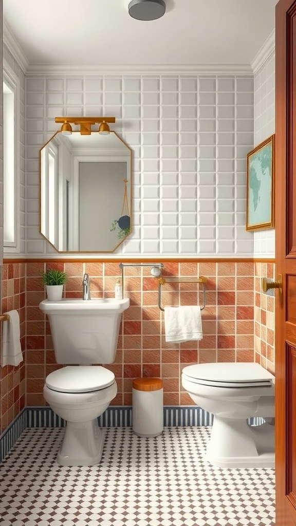 A vintage-fusion style bathroom with terracotta tiled walls, a hexagonal mirror, and modern fixtures.