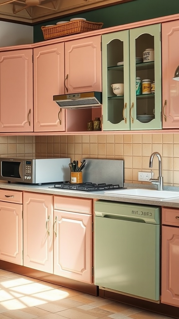 A kitchen featuring vintage-inspired cabinets in pink and mint green