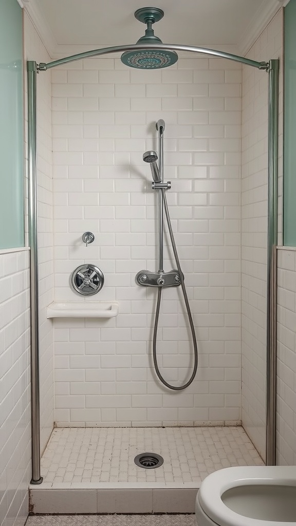 Vintage-style shower fixtures with an intricate overhead shower and white subway tiles.