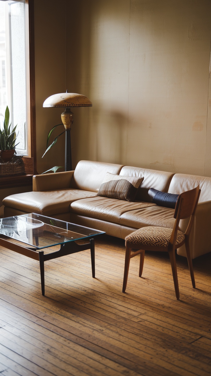 A cozy contemporary living room with vintage accents, featuring wooden furniture, a colorful rug, and artwork on the walls.