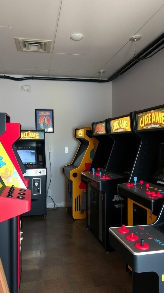 A collection of vintage arcade games in a cozy setting.