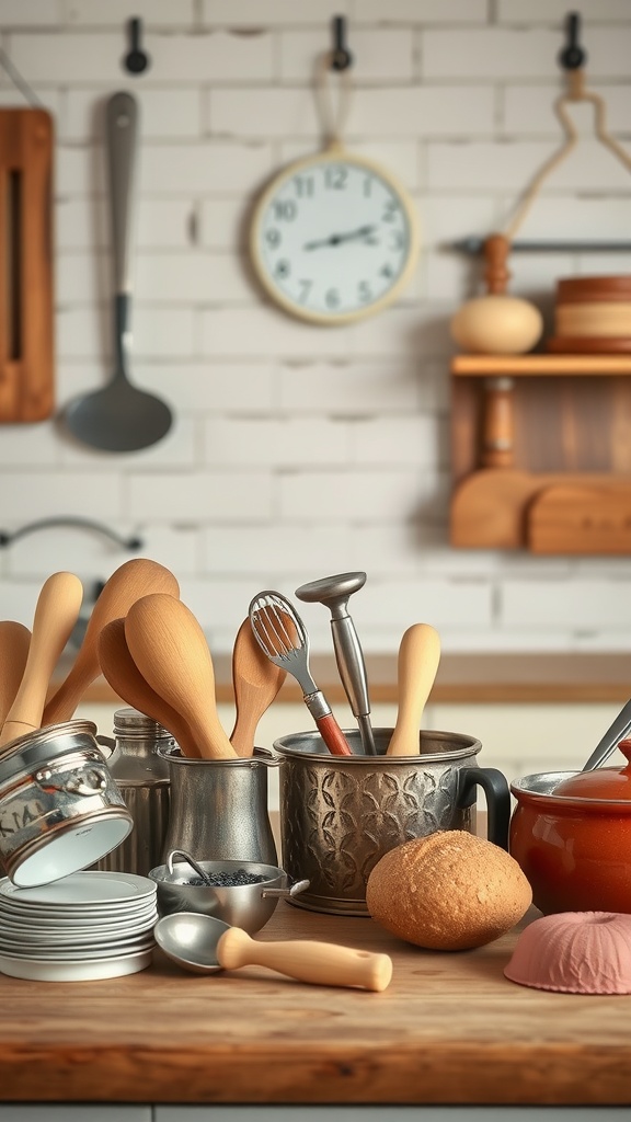 A collection of vintage baking tools, including wooden spoons, a metal whisk, and assorted containers, arranged on a rustic kitchen counter.