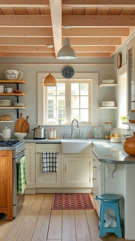 A vintage beach cottage kitchen featuring light wood beams, open shelves, a farmhouse sink, and a cozy atmosphere.